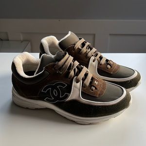 Chanel Suede Forest Green and Brown Trainers